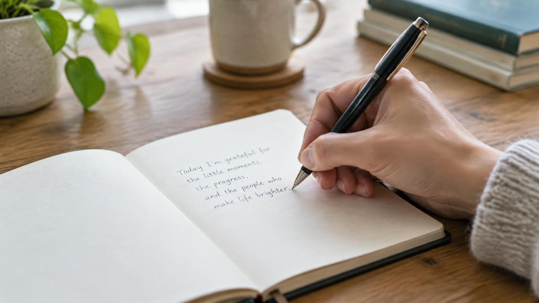 Hand writing in a notebook on a wooden desk