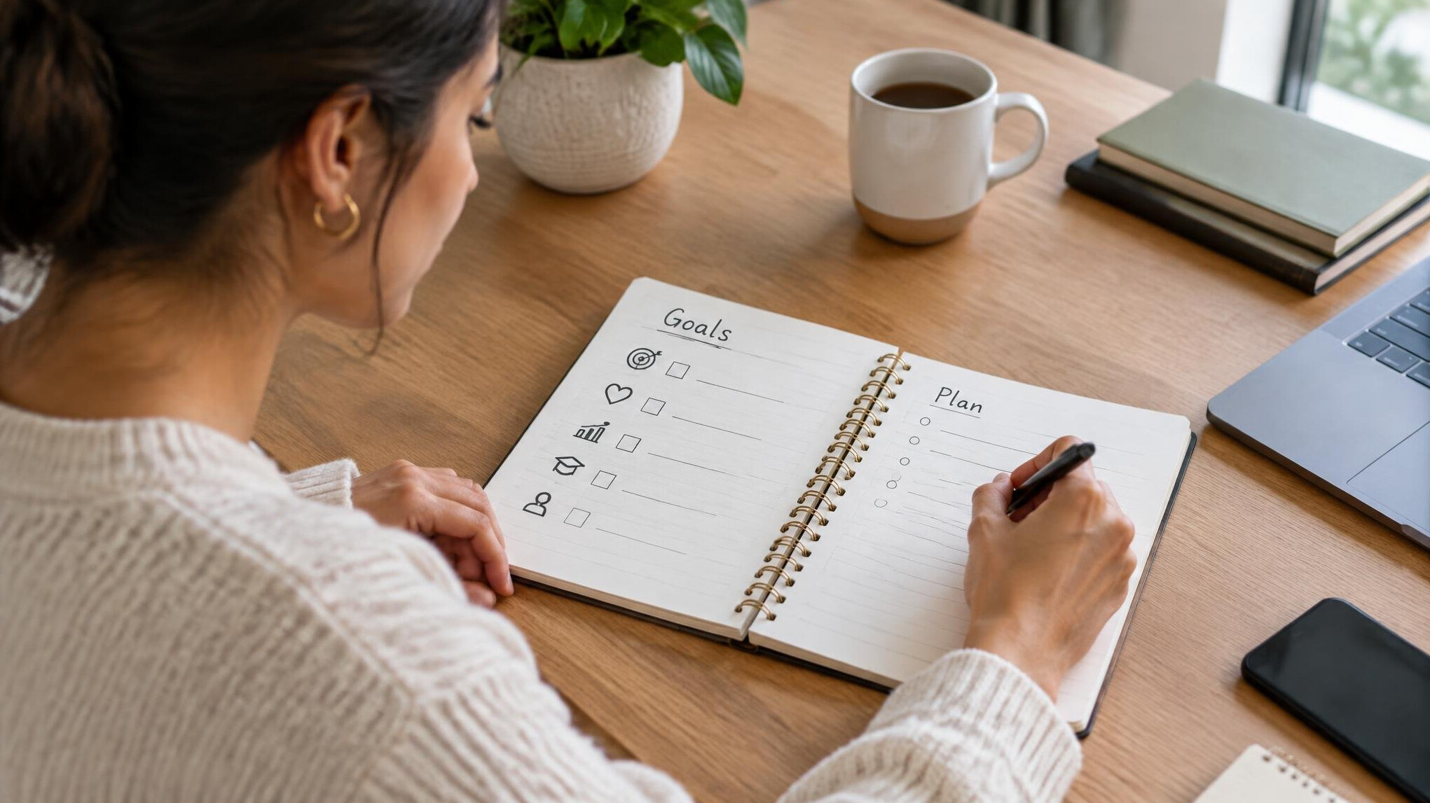 person writing goals in notebook